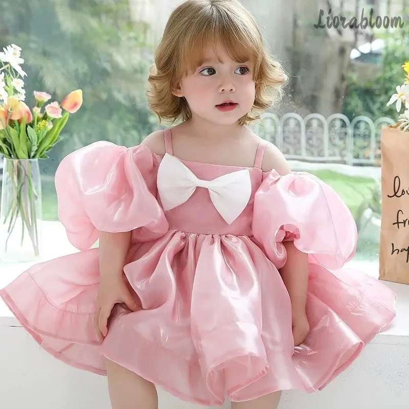 

Pink Sleeveless Kids Dress Girls Bowknot Puff Sleeves Birthday Party Fancy Dress Children Summer Sundress