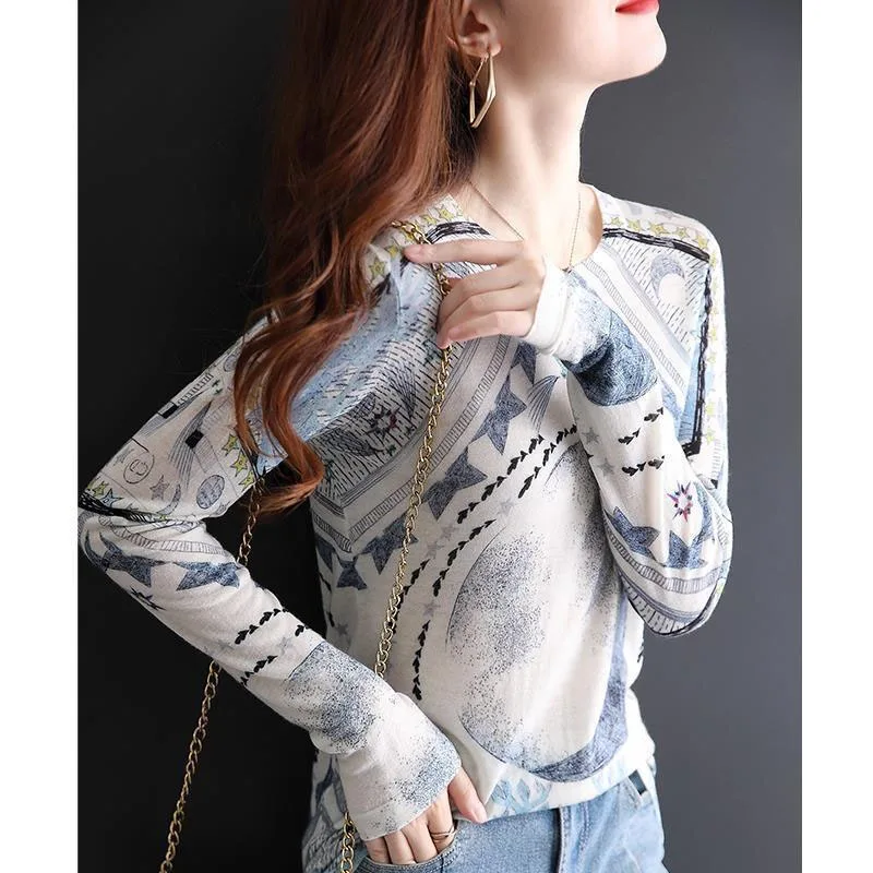 Spring and Autumn Women\'s Pullover Round Neck Long Sleeve Printing Knit Patchwork Office Lady Fashion Young Style Underlay Tops