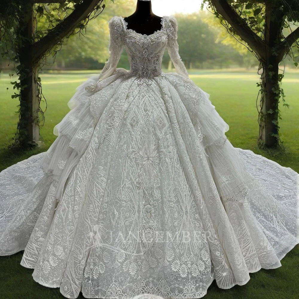 

Jancember Romantic Charming Wedding Dresses Long Sleeves Bridal Gowns Square Collar Ball Gown Robes Backless Vestidos De Novia