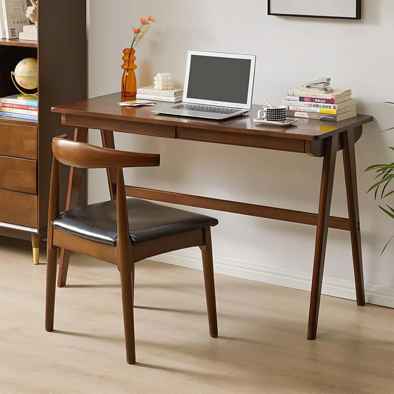 

Mid Modern Solid Wood Desk, Walnut Computer Writing Desk with Drawers, Small Bedroom & Home Office Study Table