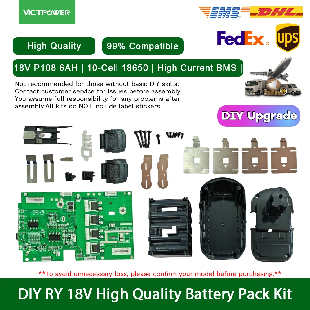 18V Slide Battery Shell Kit Compatible with P108 6.0Ah 18650 10 Cells High Drain High Current BMS for Cordless Power Tools