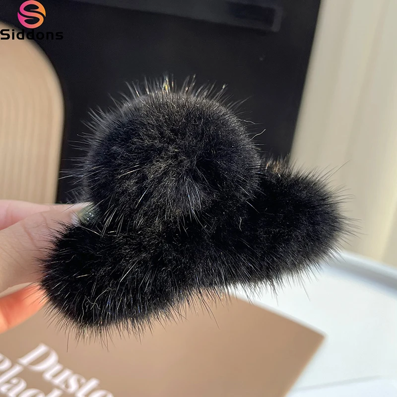 2024 Winter Real Fur Mink Hair Claw Clip Plush Cute Hairclip Large Size Shark Hair Crab Clip Hairpins Fashion Hair Accessories