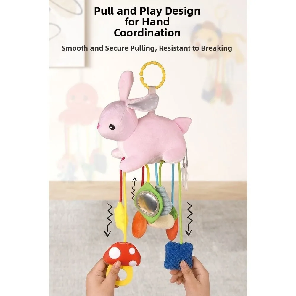 Cute Animal Design Sensory Stroller Hanging Ornaments Hand Grip Pull String Animals Bed Bell Dolls Soft Teether with Ring Hook