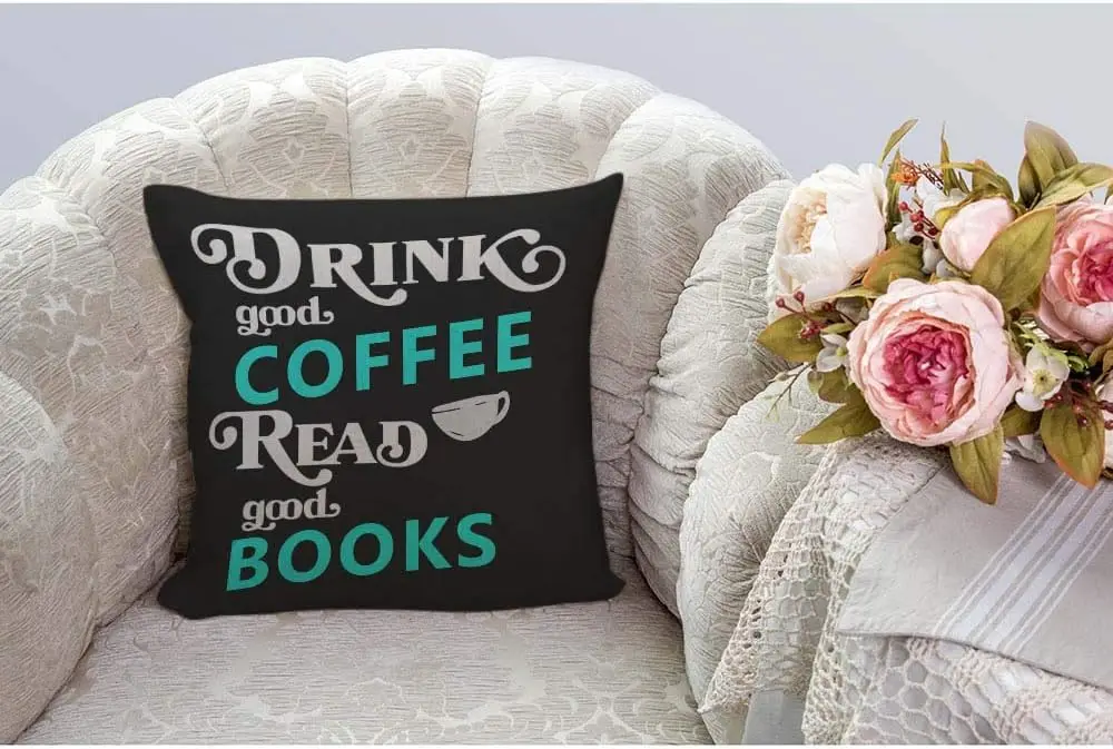Drink Good Coffee Read Good Books Pillowcase, Funny Quote Cushion Cover, Book Lover Home Decor Retro Typography Living Room Gift