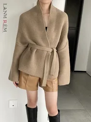 LANMREM Elegant Knited Cardigan Women's 2024 Autumn New V-neck Solid Color Belt Gathered Waist Short Loose Sweaters 2Z2901