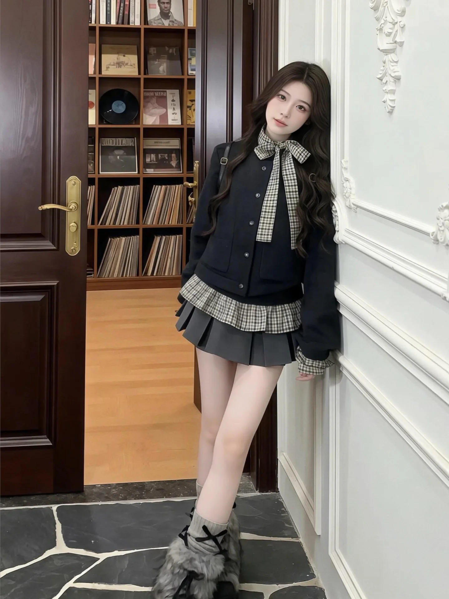 

ay Plaid Tee-Piece Set Dr Women's Gentle Ele Faion Set Dr Korean College Sle Sweet Autumn Winter Spring