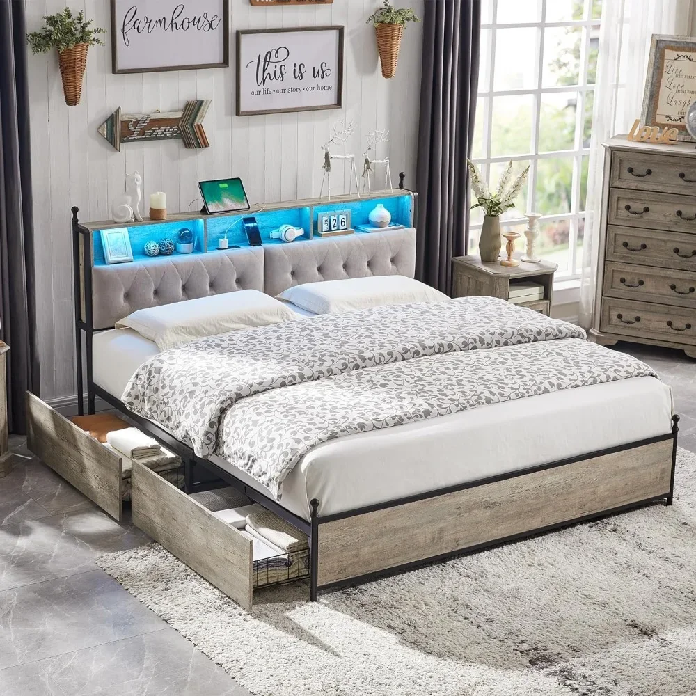 Queen Bed Frame with Storage Upholstered Headboard and 4 Drawers, Metal Platform Bed w/LED Lights & Charging Station,Bed Frame