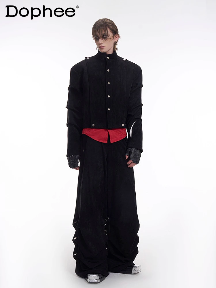 

Men's 2025 Spring Autumn New Sets Pleated Sleeve Design Jackets Pants Two-Piece Sets Masculinity Handsome Button Decoration 2pcs