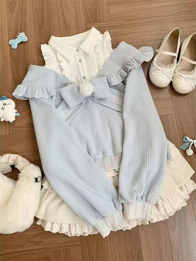 

Autumn New Japanese 2025 Sweet 2-piece Set Women Design Off Shoulder Patchwork Bow T-Shirts Kawaii Lace High-waist Skirt Suit