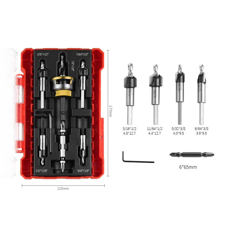 

5pcs Countersink Drill Bit Set with Depth Stop High-quality Steel and Aluminum Alloy Multi-size for Woodworking Drilling