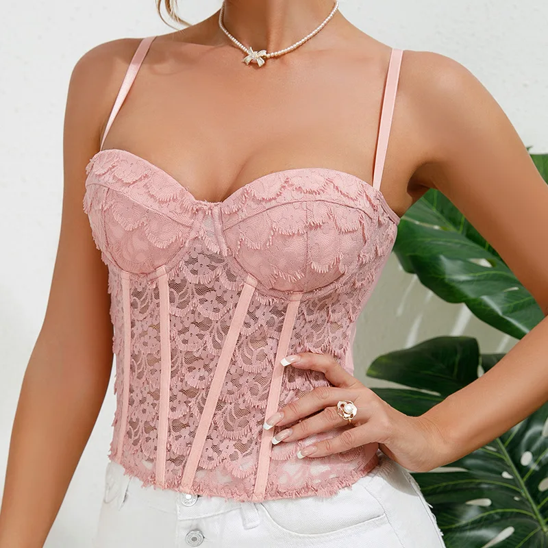 Chic Pink Mesh Corset Summer Women Bra Lace Sling Slim Lingerie Tank Top Sexy Boned Camisole Hollow Vest Female Sleeveless Tops