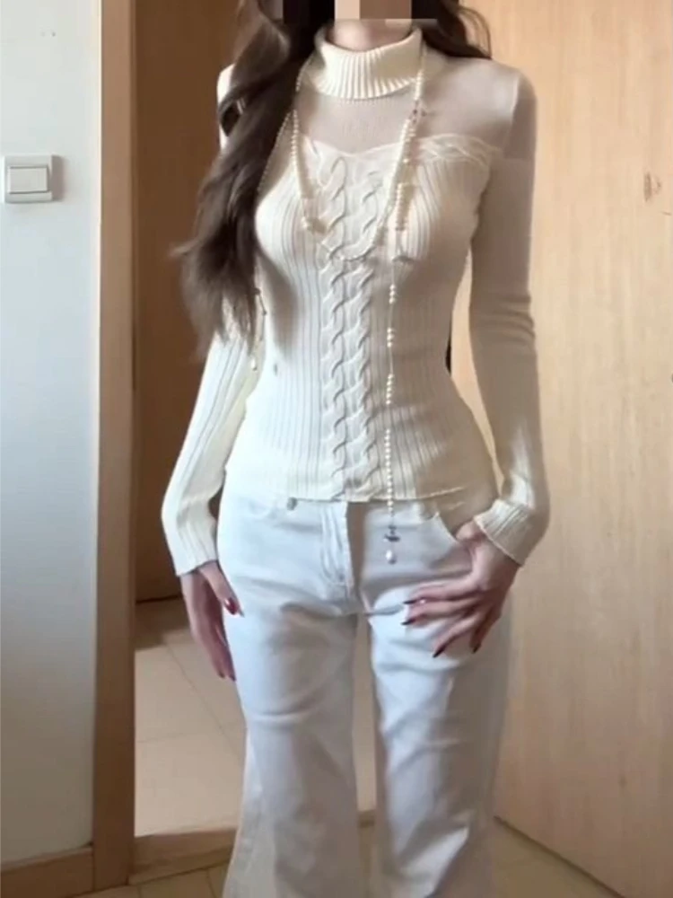 Pull en tricot ajouré à manches longues pour femme, Design coréen, élégant, superposé de Base, amincissant, vêtements à la mode, nouvelle collection automne hiver 2025