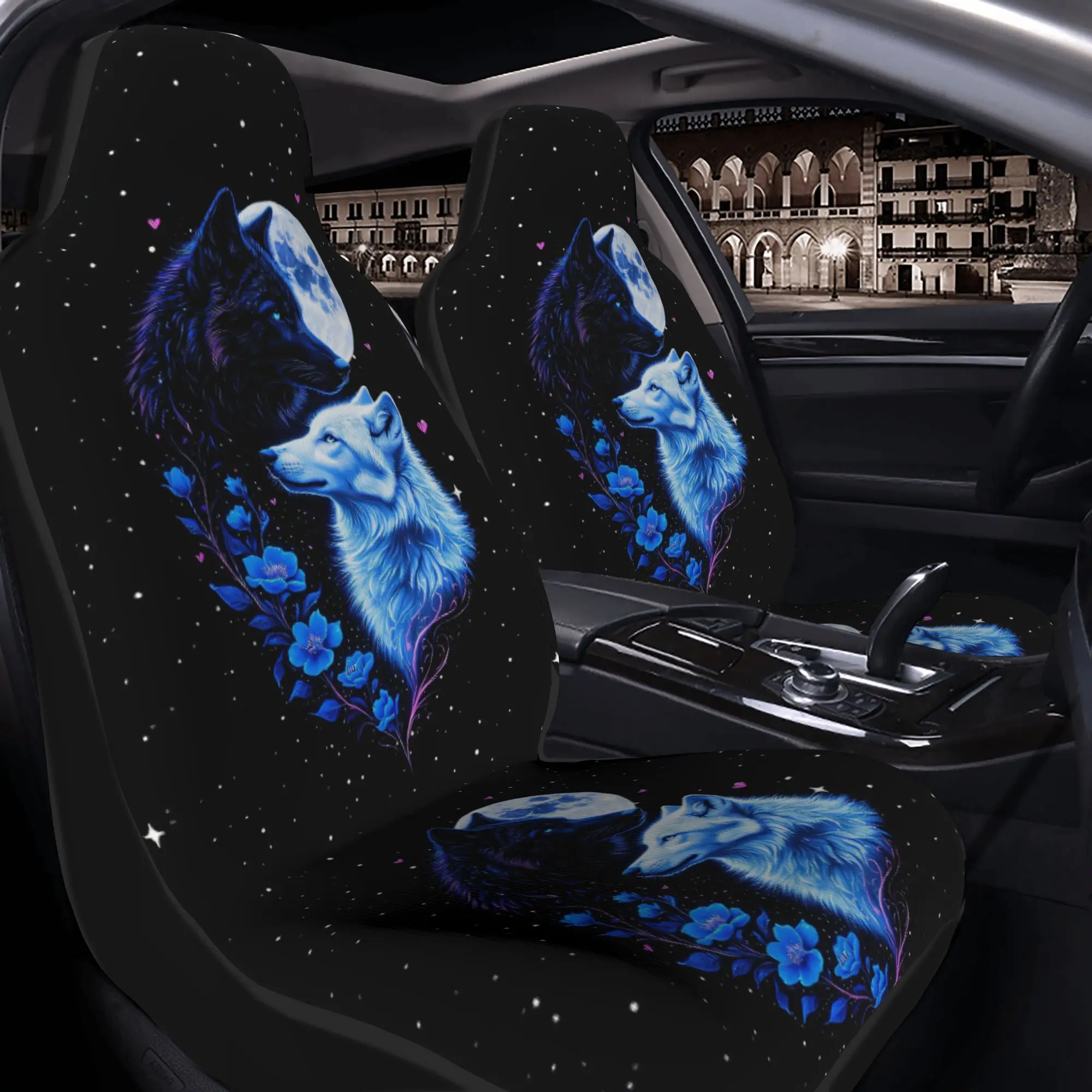 2pcs Black And White Double Wolves Car Seat Covers, Easy To Install, Hand Washable, Equipped With Elastic Bands, Unpadded Front