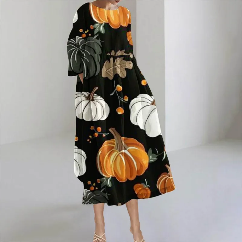 2024 nuovi abiti Casual per le donne Halloween Pumpkin Print o-collo autunno e inverno maniche lunghe tasche Pullover allentato da donna