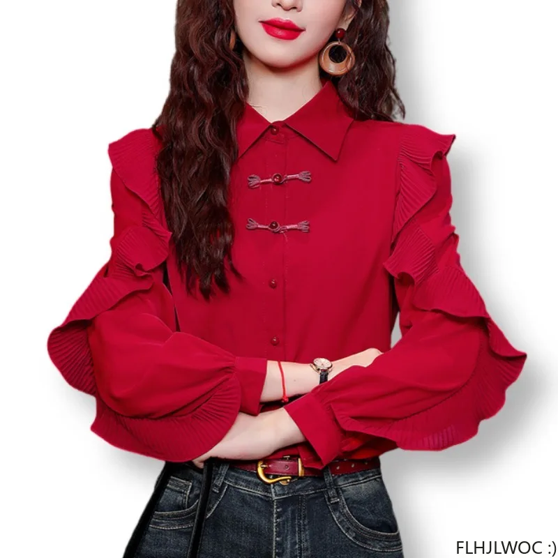 Hot Sales Chi-pao Collar Design Button Ruffles Tops 2024 Women Date Girls Elegant Retro Red Shirt Blouse Vintage