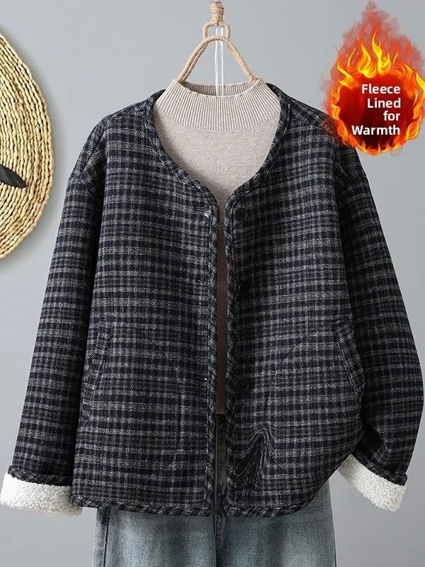 معطف صوفي مبطن فني من Faionable مقاس كبير للنساء طقم مزدوج طويل Sve ملابس خارجية قطنية منقوشة