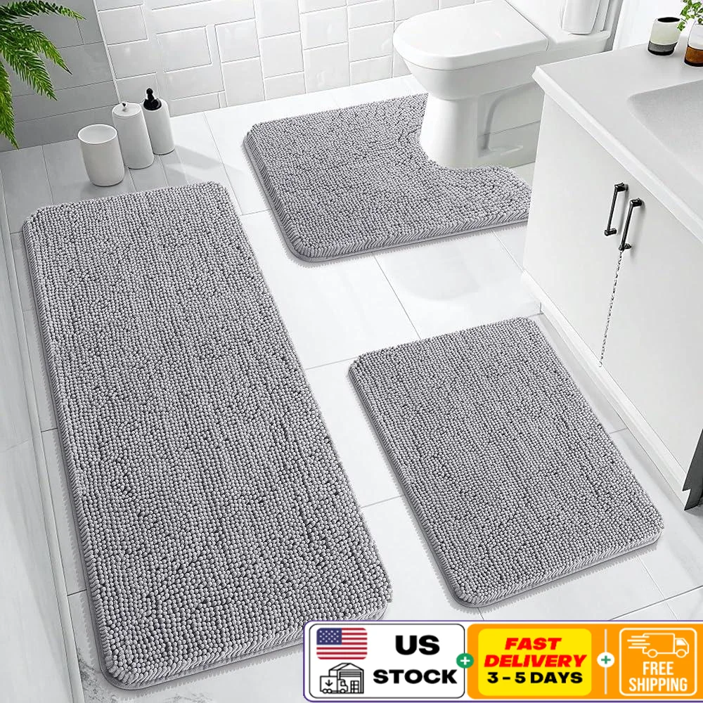 

Soft Absorbent Chenille Bath Rug Set 3 Piece Non-Slip Quick Dry Contour Toilet Mat Plush Bathroom Carpet Durable Bathroom