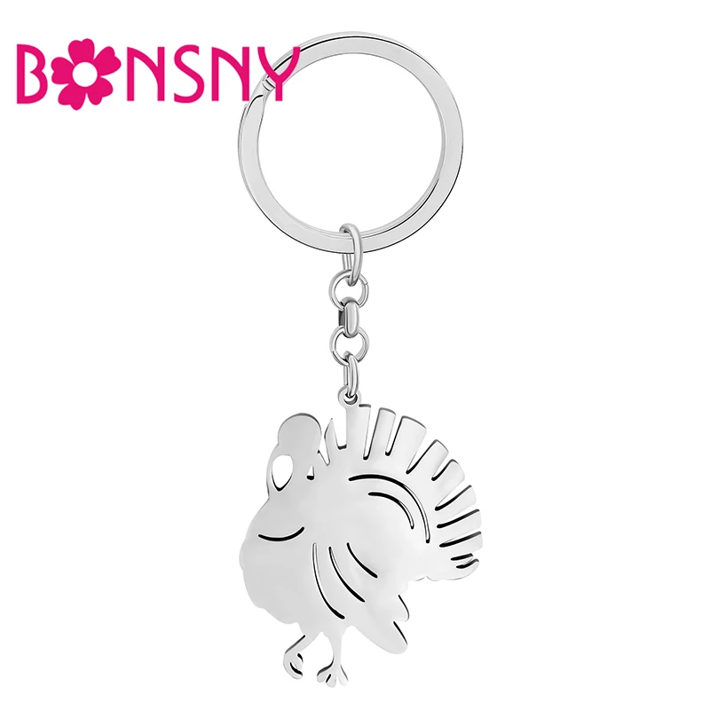 Bonsny Thanksgiving Stainless Steel Silver-plated Turkey Keychains Key Ring Car Bag Charms  Animals Jewelry For Women Gifts