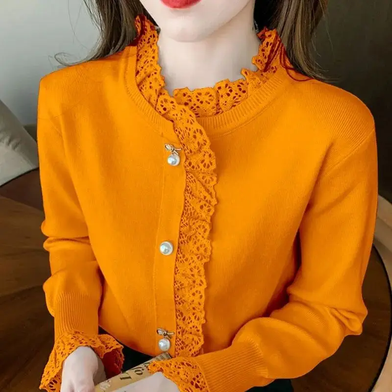 

Elegant Ruffled Neck Spliced Beading Lace Sweaters Women's Clothing 2023 Autumn Winter Korean Pullovers Butterfly Sleeve Tops