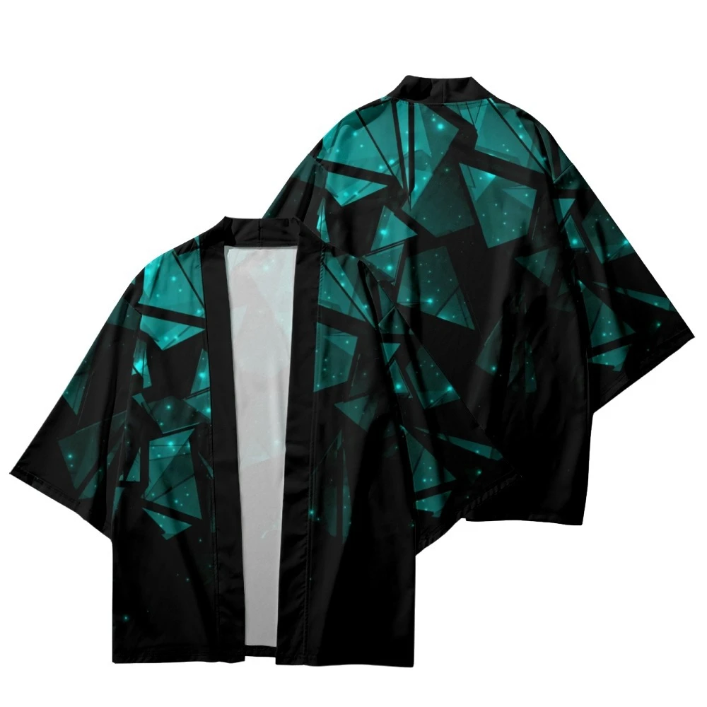 Moda Anime nadrukiem w geometryczne wzory japońskie tradycyjne Kimono 2024 letnie plażowe mężczyźni kobiety Yukata kardiganowe koszule Haori Streetwear