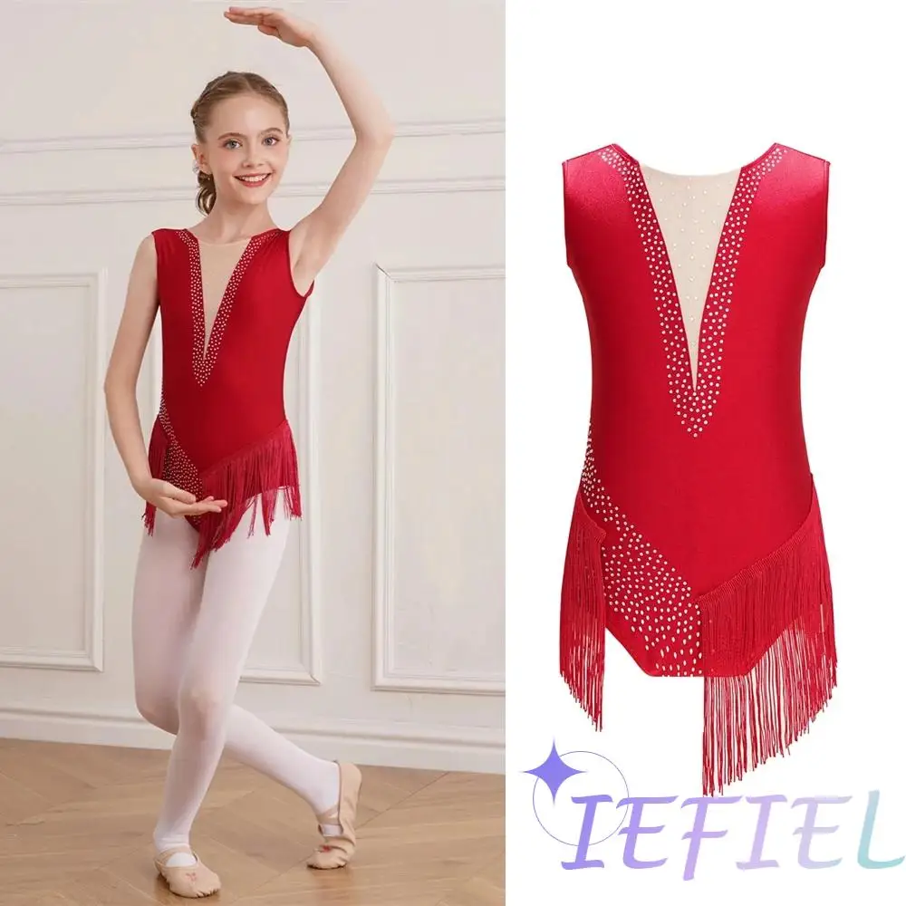 Kids Girl Shiny Rhinestones Tassel Ballet Salsa Tango Dancewear Figure Skating Rhythmic Gymnastics Dance Competition Performance