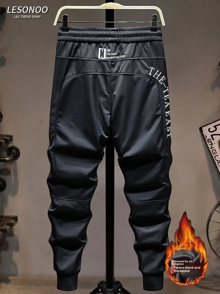 

High-End Knitted Fce Lined Thiened Elastic Sport Pants Men's Autumn Winter Casual Loose Fit Trousers Youth Faion Embro...