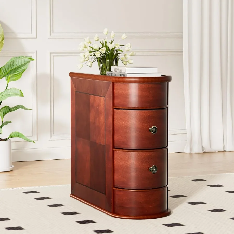 Stolik pomocniczy z litego drewna z 2 szufladami, gotowy do użytku, bez konieczności montażu, z wykończeniem w stylu vintage, drewniany stolik boczny do sofy do salonu.