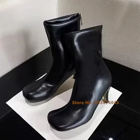 Retro Round Head Slim High Heel Bare Boots For Women 2023 Winter New Versatile Back Zipper Short Boots Soft Leather Boots