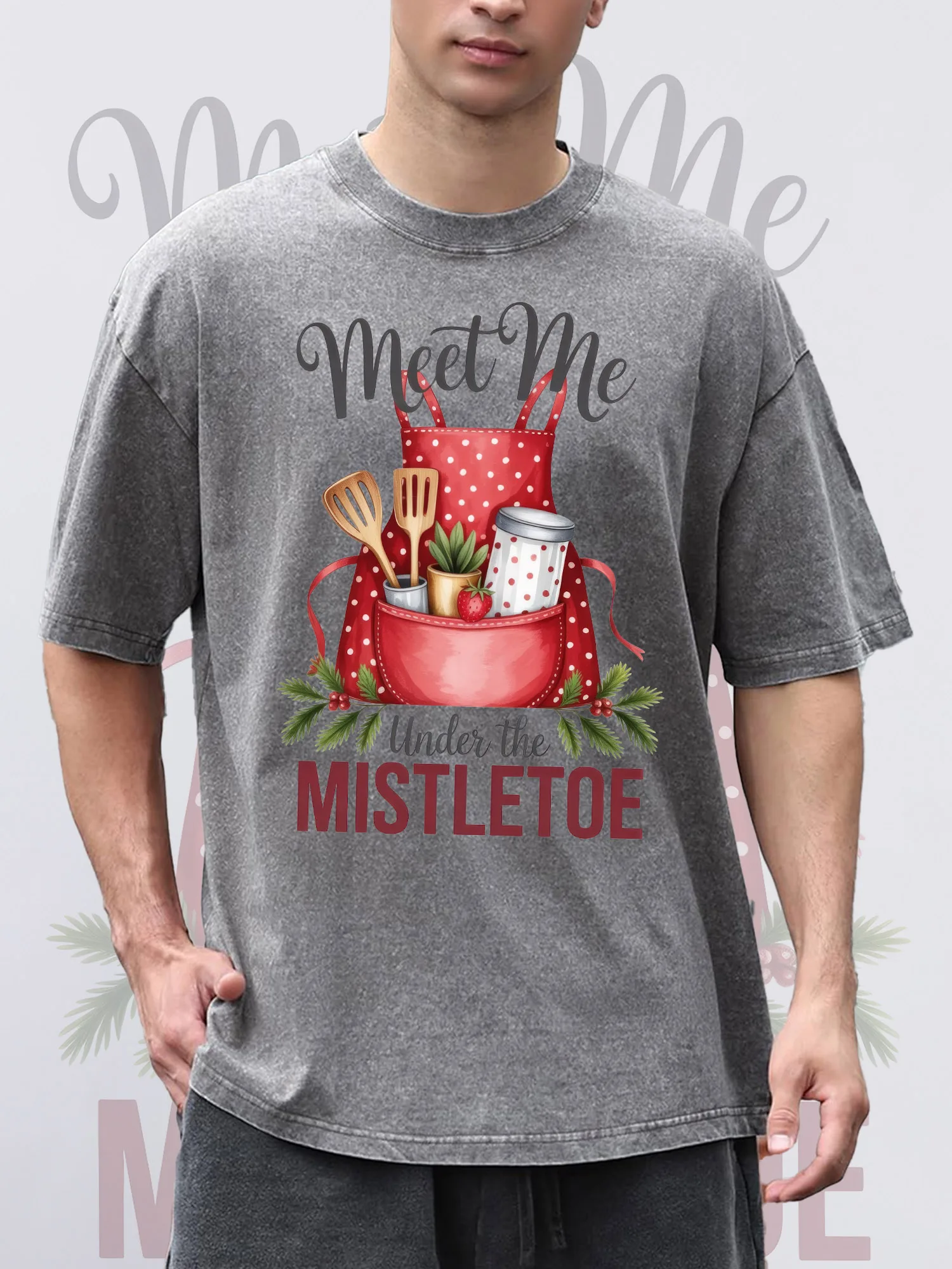 

Men's T-Shirts MISTLETOE Printed Grey Short-Sleeve Crew Neck Loose Summer 100% Cotton Acid Washed Christmas Theme T-Shirt