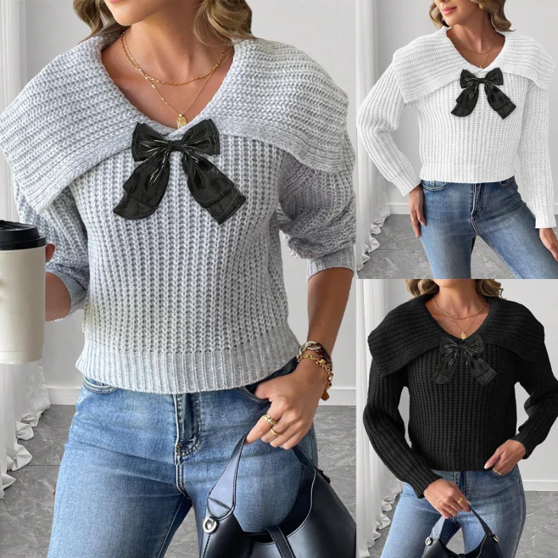 

Women's Short Top Woven Sweater Autumn and Winter Large Lapel Bow Patchwork Pullover Sweater