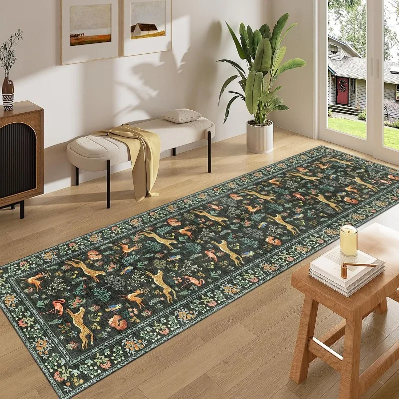 Boho Forest Animal Runner Rug Cheetah Deer Birds Floral Print Hallway Floormat Water-Absorbent Anti-slip Carpet for Living Room view 2