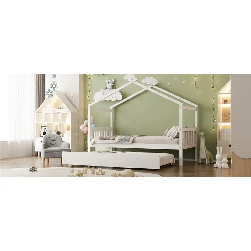 سرير منزل خشبي مزدوج الحجم مع دولاب، لمسة نهائية بيضاء