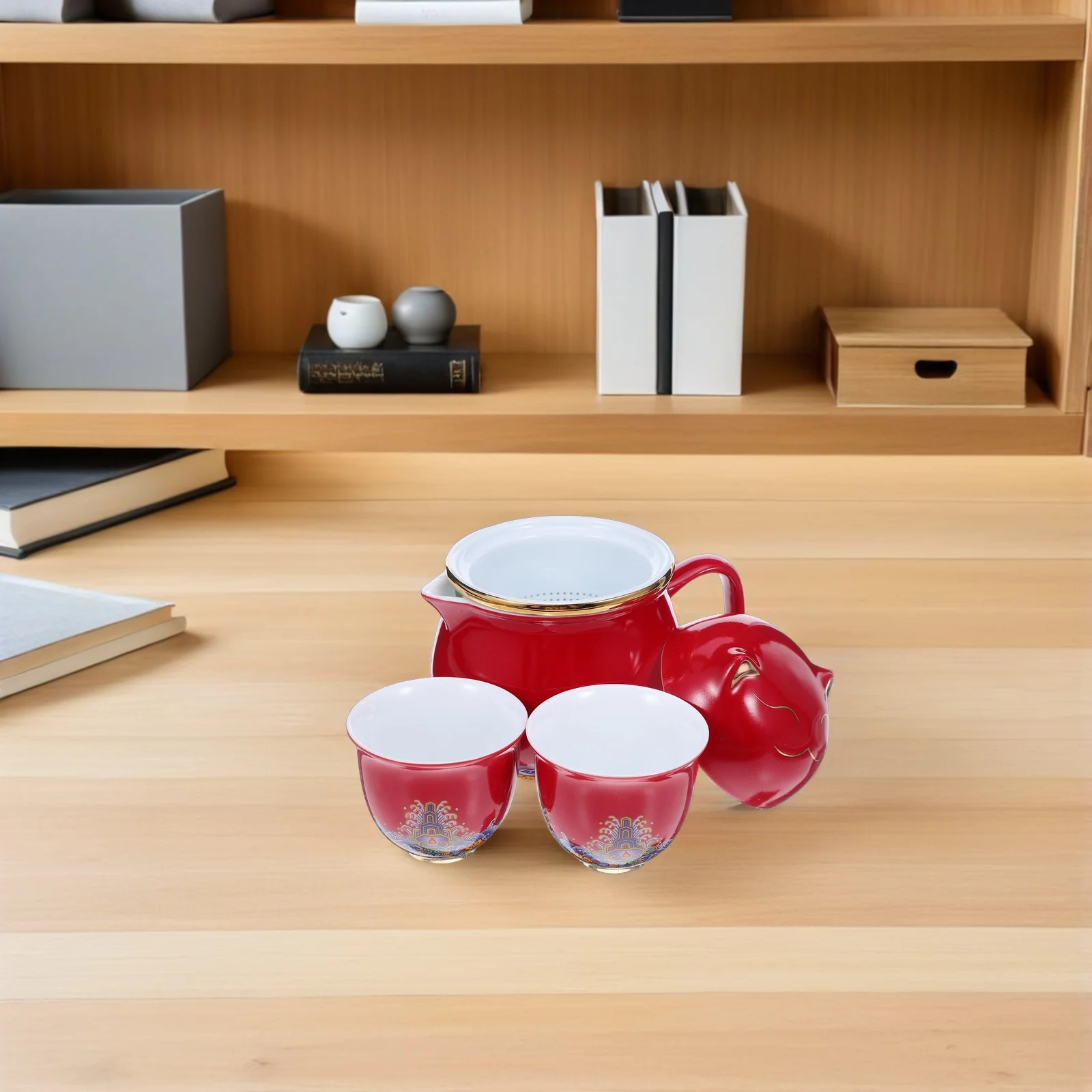 

1Set Porcelain Lucky Cat Ceramic Tea Set Gold Accent Teapot Two Cups Office Travel Portable Gongfu Tea Ceramic Teapot Set