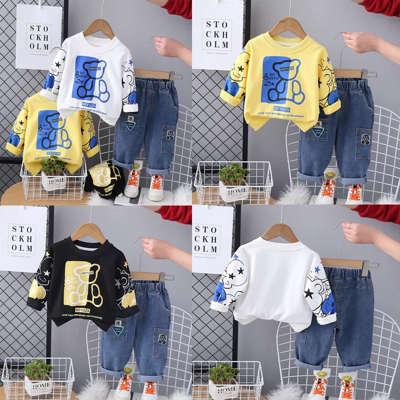 Autumn Infant Baby Boys Two Piece Clothes Set Cartoon Bear Contrast Sweatshirt Sticker Elastic Waist Denim Pant Baby Boy Outfits