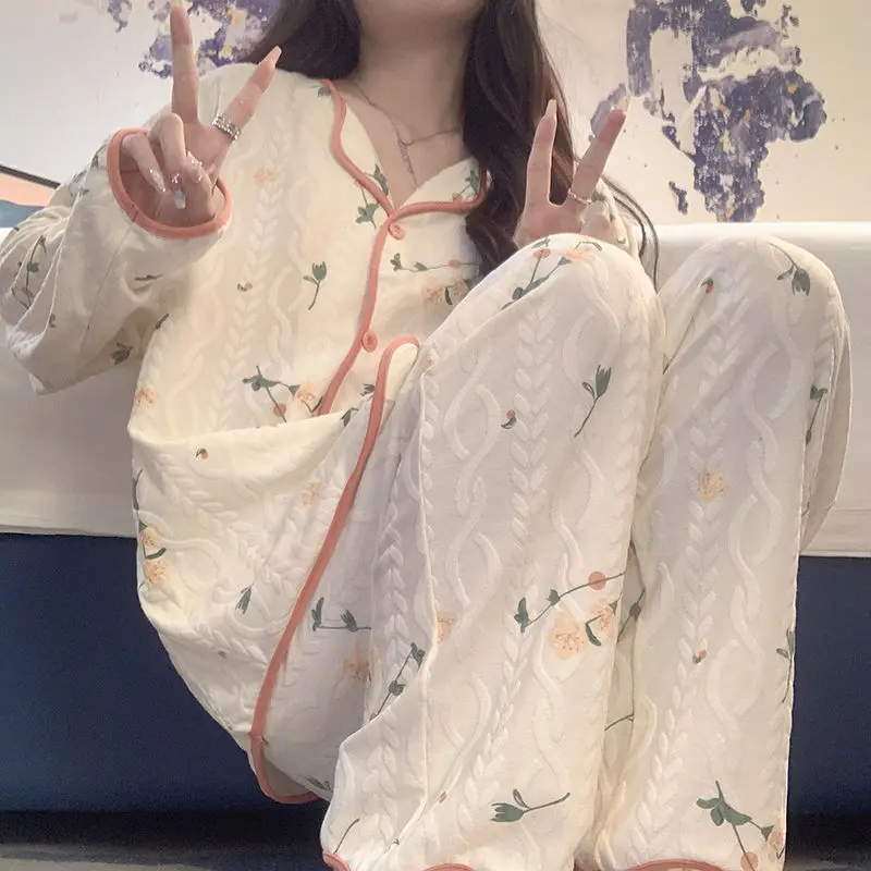 2024 New Pajamas Women Autumn Winter Cartoon Sleepwear Girl Student Cardigan Long Sleeved Homewear Long Pants Loungewear Set