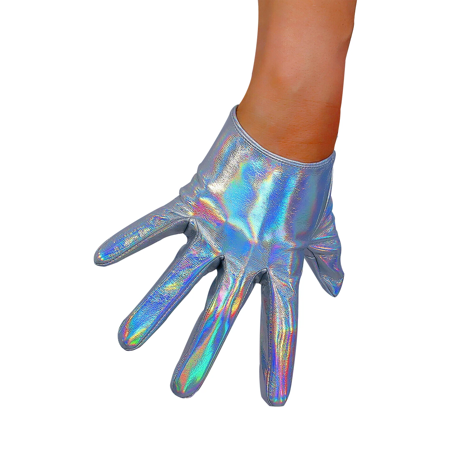 

DooWay LATEX Silver GLOVES Faux Patent Leather 6" 16cm Extra Short Hologram Silver Rainbow Nightclub Christmas Cosplay Glove