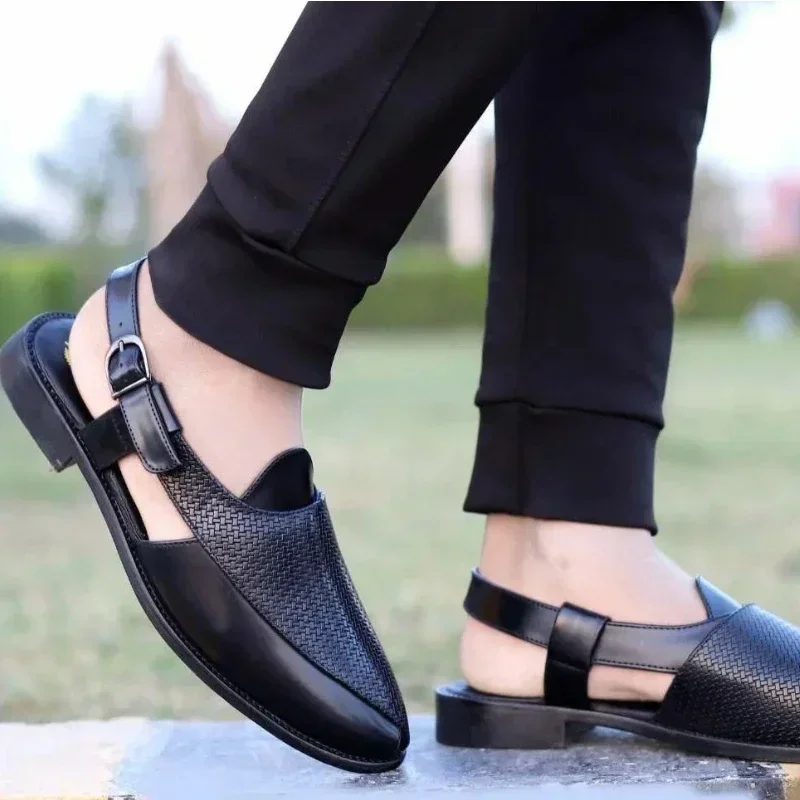 

Men British Sandals Personality Woven Pattern PU Stitching Hollow Square Buckle Comfortable Fashion Summer Men Shoes