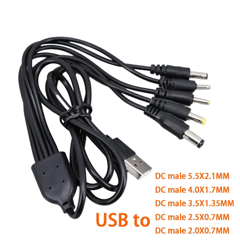 5 in 1 1M USB male to 5 way  DC 5.5x2.1mm 4.0x1.7 3.5mmx2.5mm 2.0x0.7mm male power connector extend charging cable cord