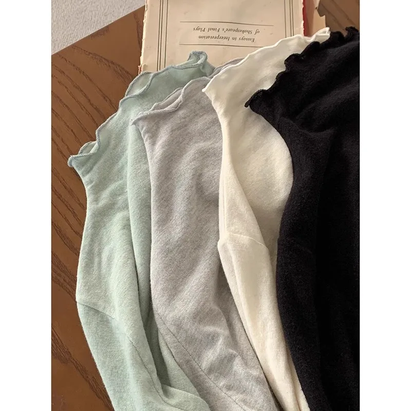 

Soft Plump Wave Collar Long Sleeve Women's T-shirt Slimming Base Shirt Top Korean Style Commute Fashion plus Size Spring New