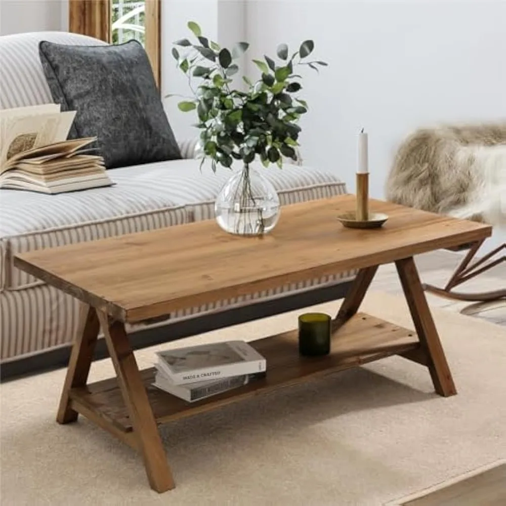 Solid Wood Coffee Table - 42.5” Firwood Farmhouse Rustic Wooden Coffee Tables for Living Room, Solid Firwood Rectangle Coffee Ta