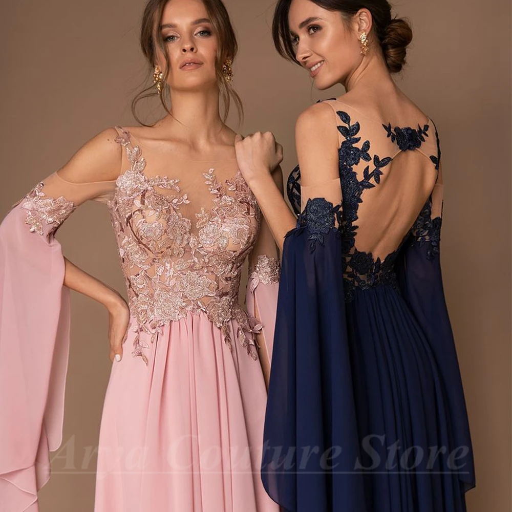 Charming Flare Sleeves Chiffon Evening Dress Scoop Neck A-Line Floor Length Delicate Tulle Applique Sexy Backless Gowns Robe