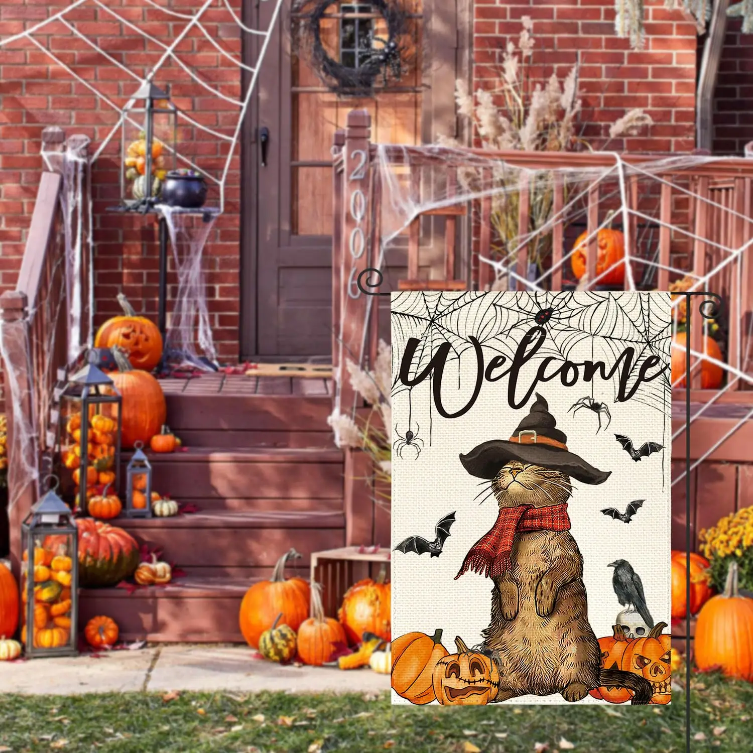 Halloween Welcome Garden Flag, Double Sided, Witch Cat Jack O Lantern, Pumpkin Party Yard, Outdoor Decorative Flag, 12x18 Inch