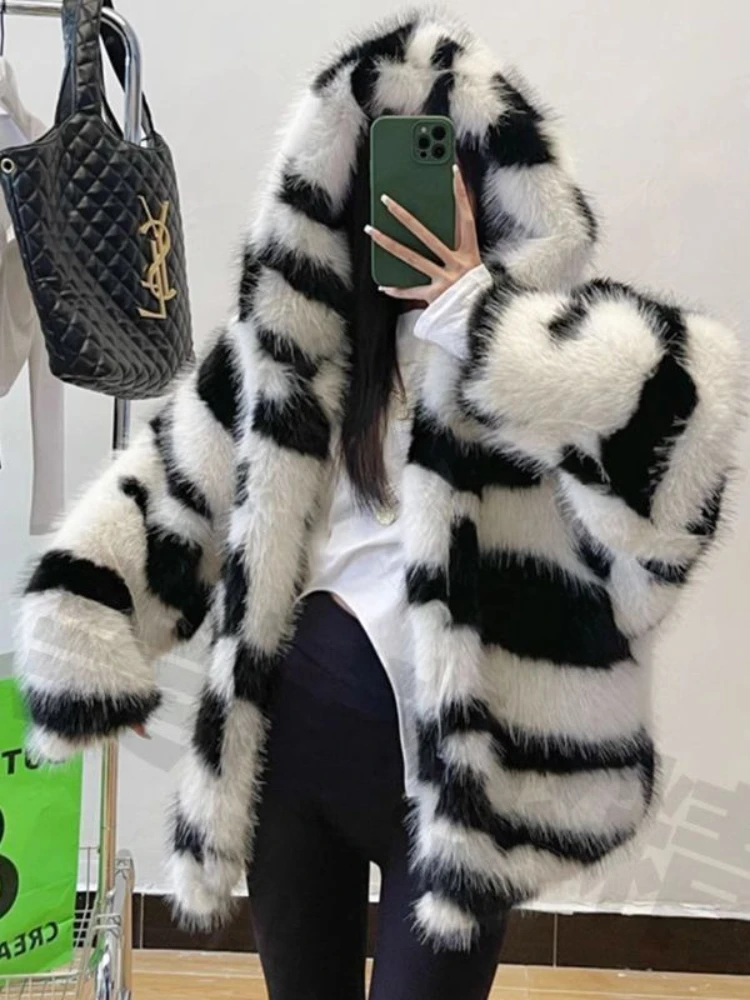 Autumn Winter Women Zebra Printed Hooded Faux Mink Fur Coat Striped Flocking Imitation Fox Fur Jacket Thick Furry Cardigan Tops