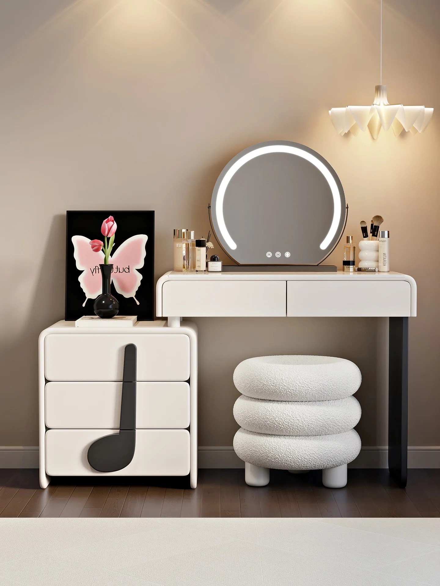 

fd2025 Modern Bedroom Small Dressing Table Lighted Integrated Drawer Cabinet Bedside Storage for Small Apartments Makeup Use&