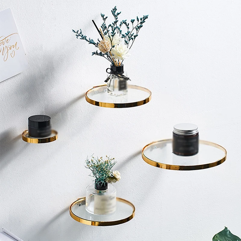 Round Wall Hanging Iron & Glass Crafts Gold Shelf Light Luxury Ornaments Modern Style Home Decor Accessories Wall Holders Decor