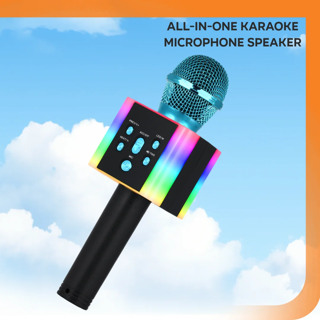 يده سماعة لاسلكية تعمل بالبلوتوث كاريوكي ميكروفون المتكلم مع أضواء LED 4 مغييرات صوت راديو FM TWS USB/TF بطاقة للمنزل KTV الطرف #1