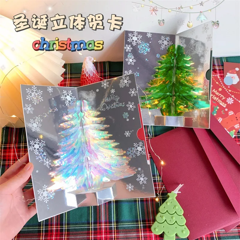 Christmas Tree 3D Pop-Up Card Christmas Sparkling Fantasy Greeting Card Christmas Envelopes Blessing Gift Message Card