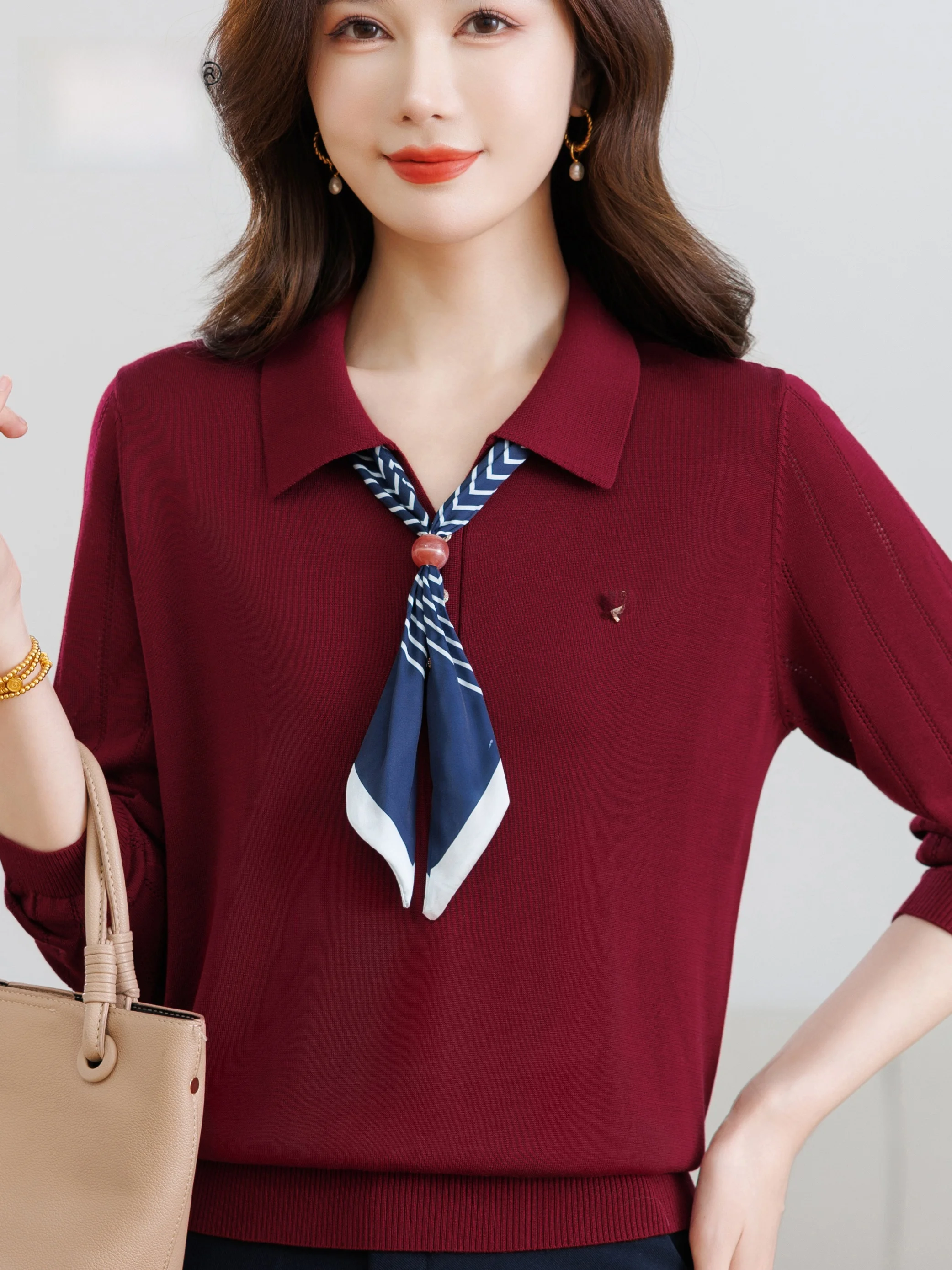 

Spring Faion Loose Knitted Base irt Women's Collar Thin Layered Overhead 00% Lyocell Top for Middle-Aged And ly