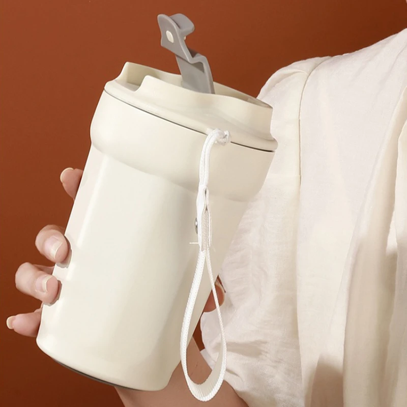 Tragbare Kaffeetasse, doppellagige Thermosbecher aus Edelstahl mit Seil, reine Farbe, auslaufsicher, für Outdoor-Reisen, Büro, Wasserflasche