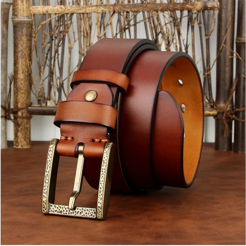 3.8cm Men's Thicken Genuine Leather Belt, Men's Casual and Fashionable Cowhide Copper Buckle Vintage Hammer Pattern Jeans Belts